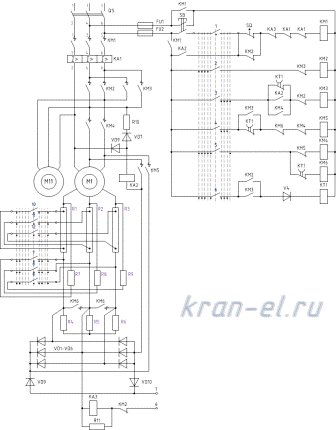 Схема электропривода с контроллером типа ККТ-69А, реверсором ДР160 и магнитным контроллером ТРД160.